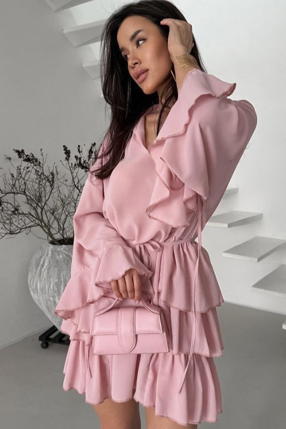 Chiffon Ruffled Pink Mini Dress