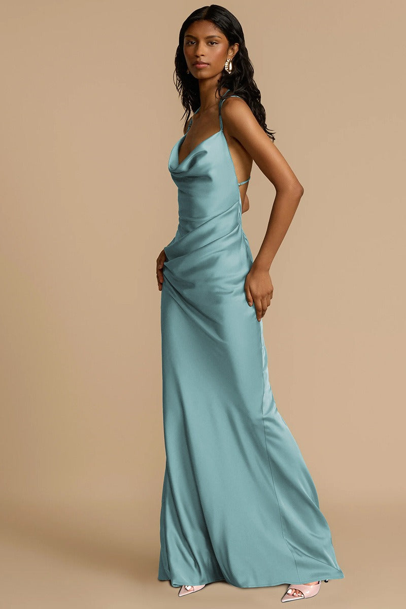 Backless Solid Color Draped Neck Graceful Prom Dress
