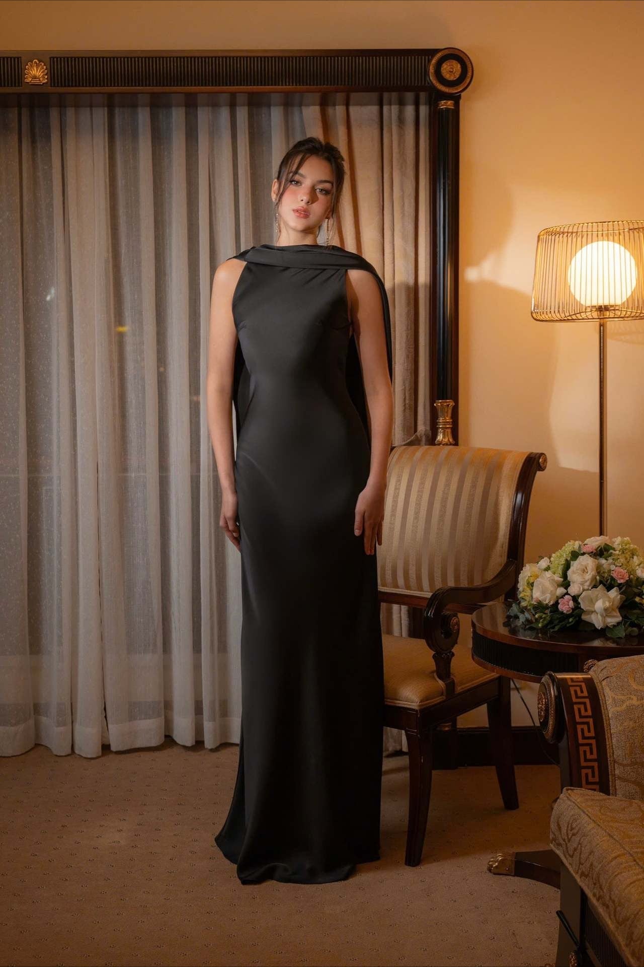 Graceful Solid Color Satin Draped Back Long Prom Dress
