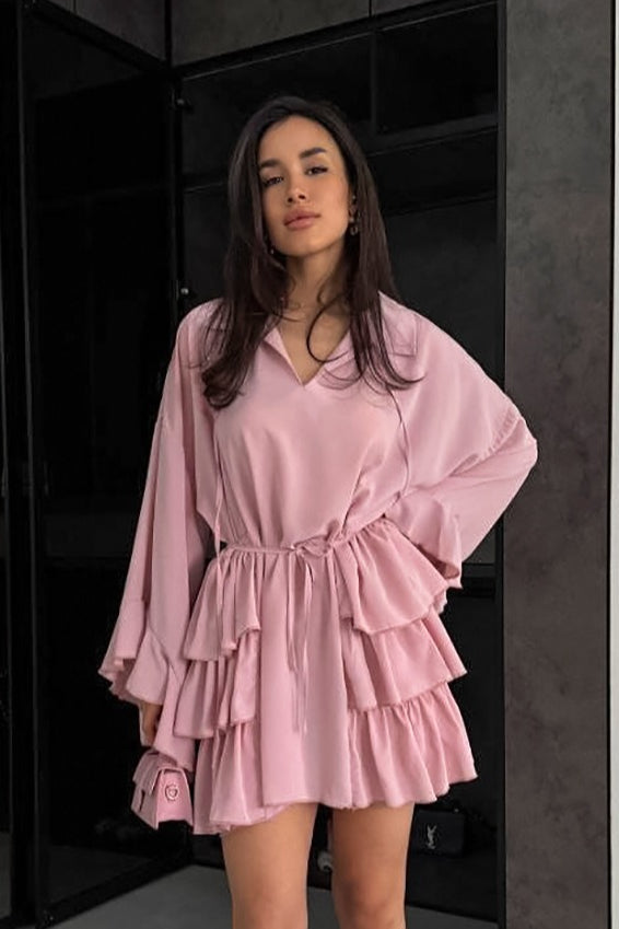 Chiffon Ruffled Pink Mini Dress