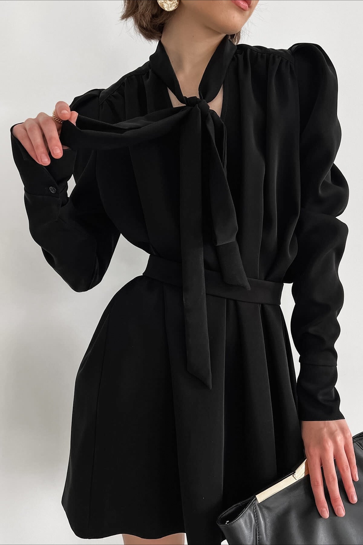 V Black Neck Puff Sleeve Mini Dress