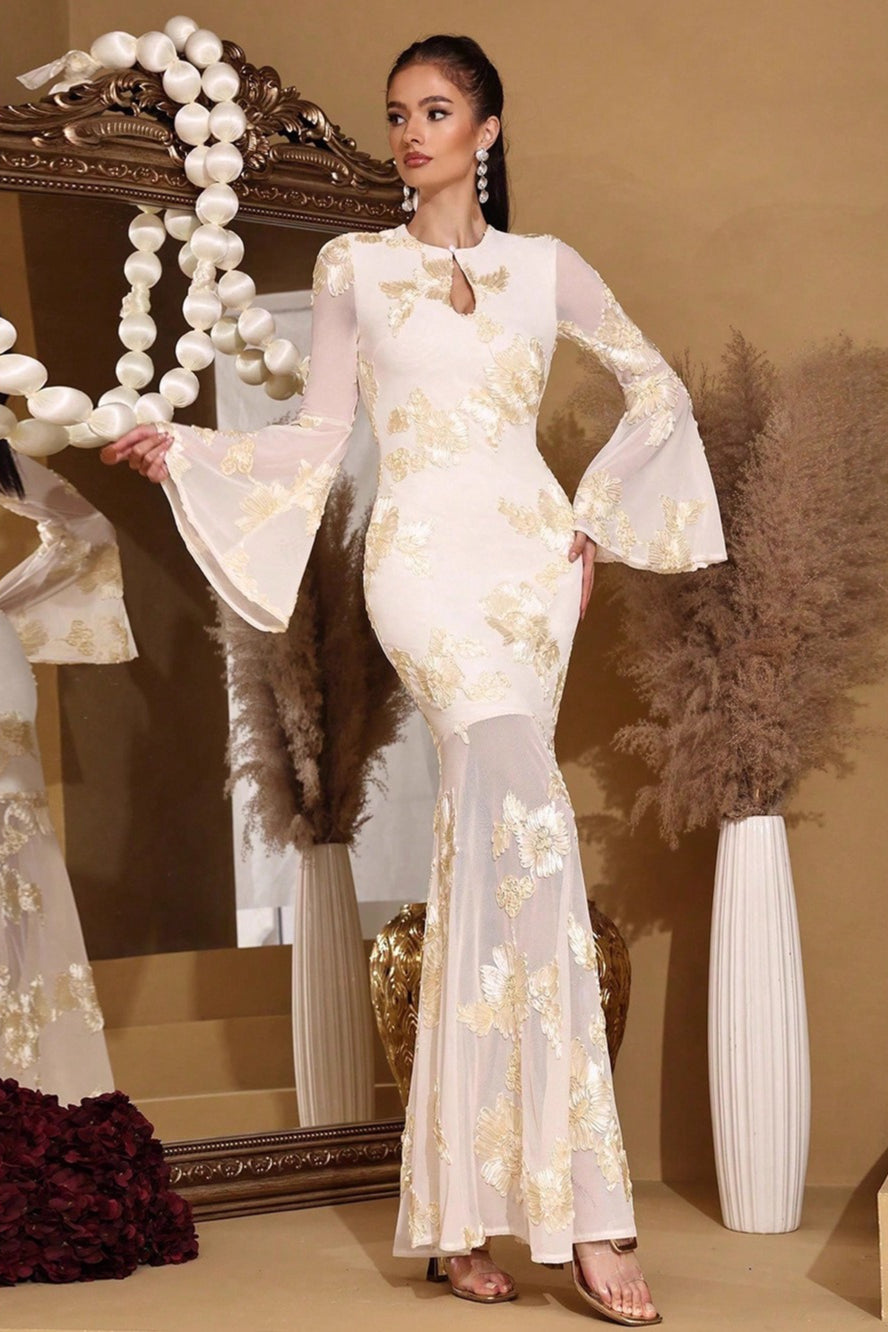 Graceful Embroidered Mesh Trumpet Sleeve Prom Dress