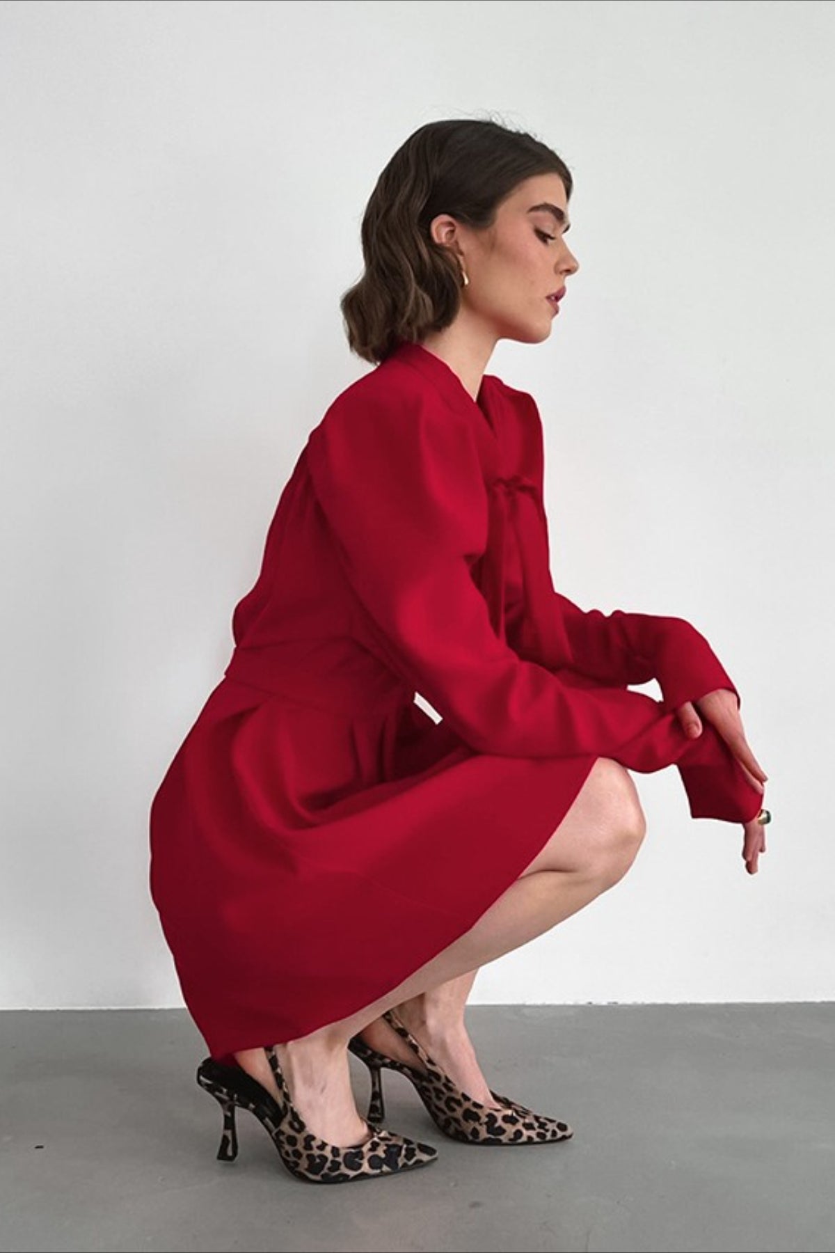 V Black Neck Puff Sleeve Mini Dress