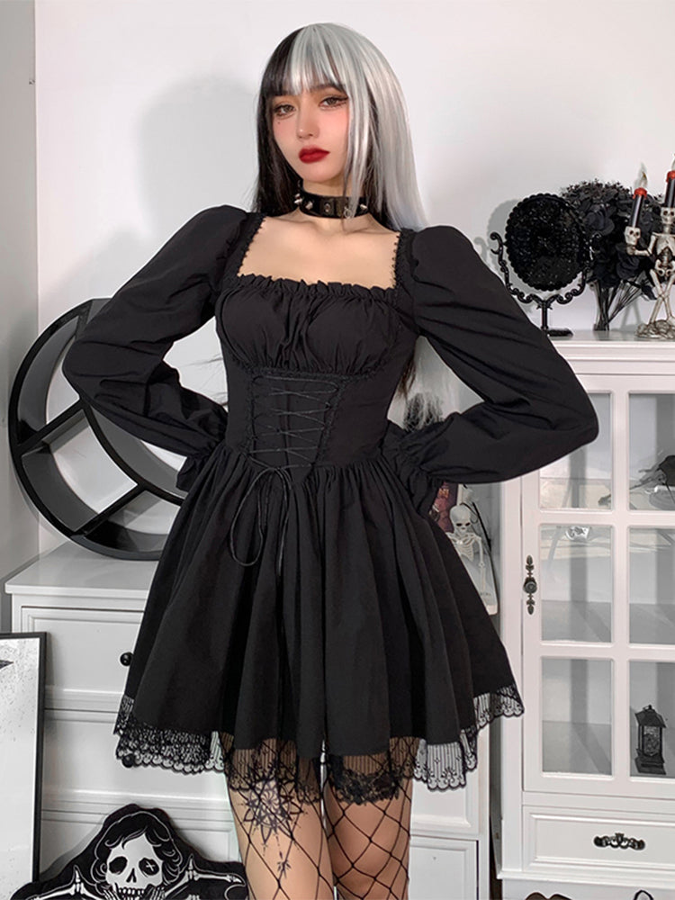 Gothic Spaghetti Strap Lace Satin Slip Classic Square Collar Mini Dress
