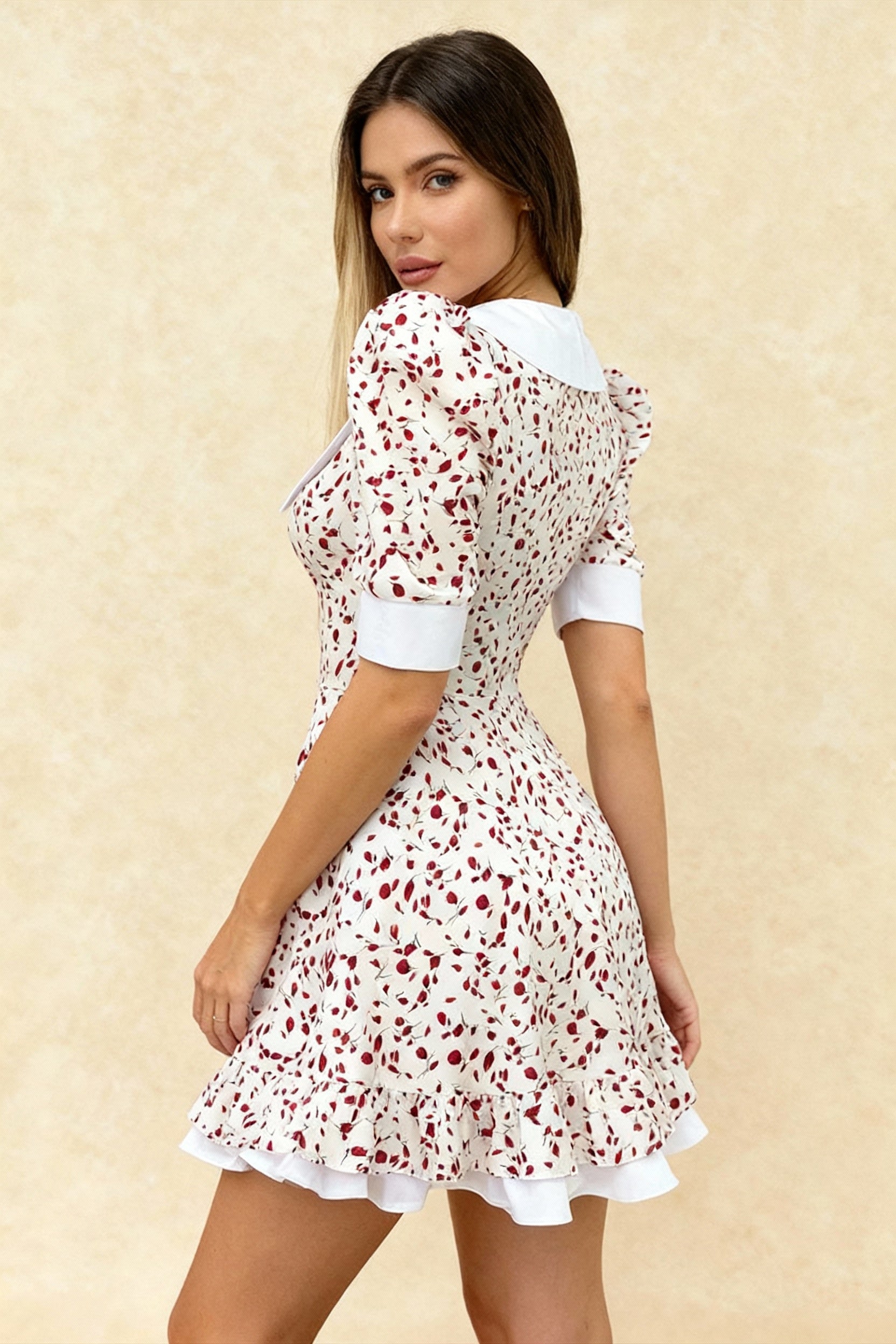 VNeck Bloom Puff Sleeve Babydoll Mini Dress