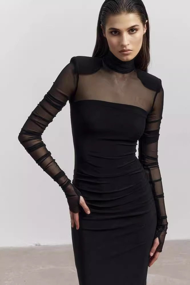 Panel Mesh Turtleneck Bodycon Midi Dress