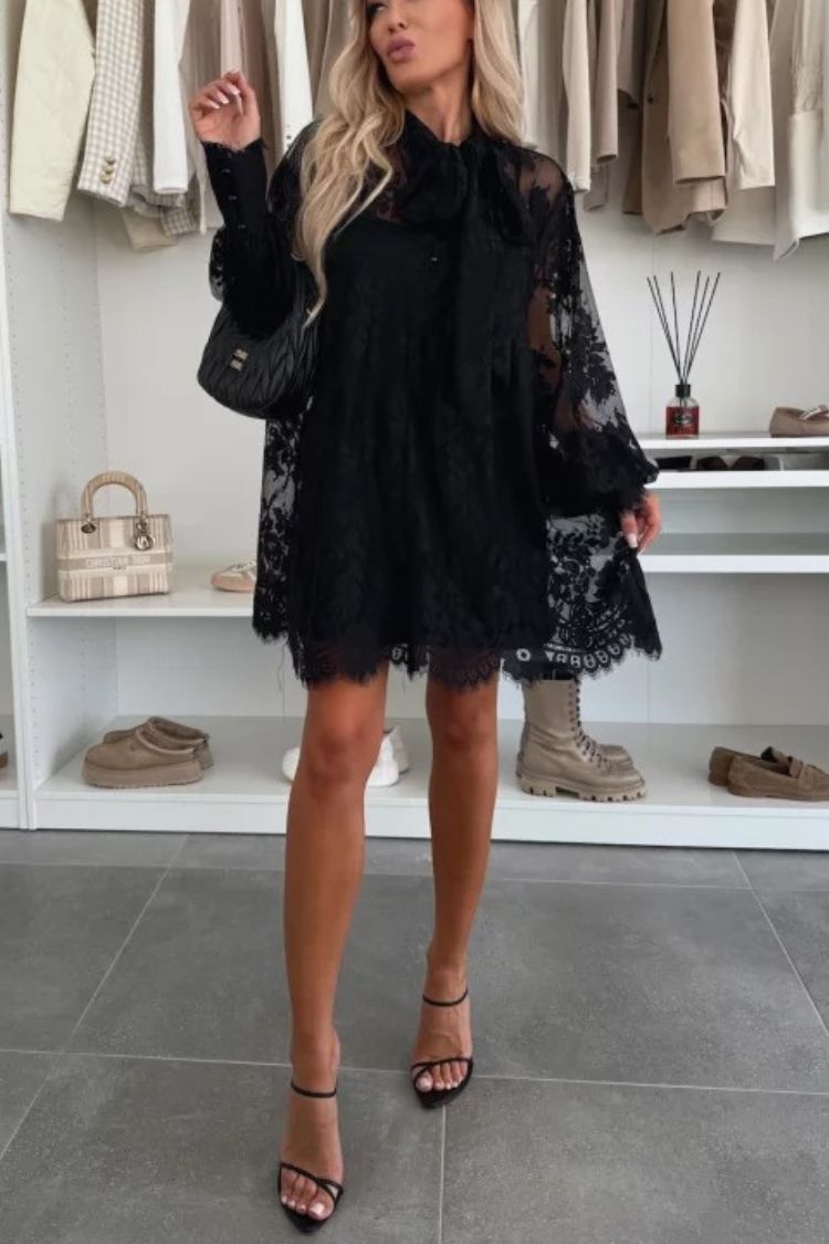 Effortless Iliana Night Rose a Line Mini Dress with Lace Bow and Long Balloon Sleeves Designer Edit