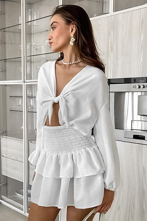 Front Tie White Long Sleeve Mini Dress