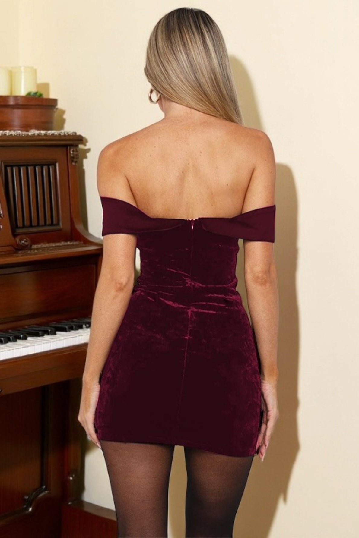 Attractive Off Shoulder Backless Velvet Bodycon Mini Dress