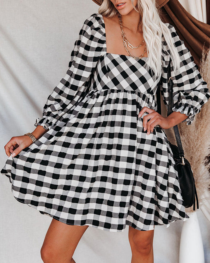Plaid Brownstone Adjustable Balloon Sleeve Dress FINAL