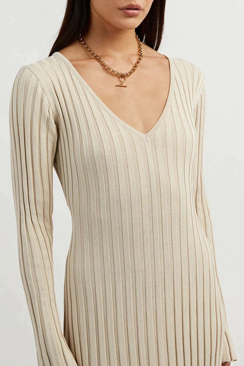 Timeless Sasha Knitted Midi Dress with V Neck and Sleeves Evening Wear Edit