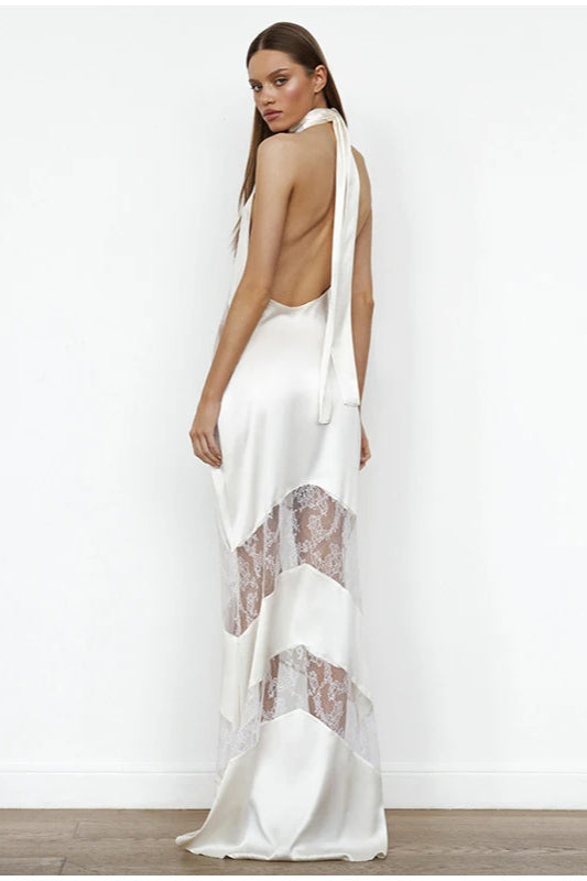 Slim Graceful V Neck Lace Halter Maxi Dress
