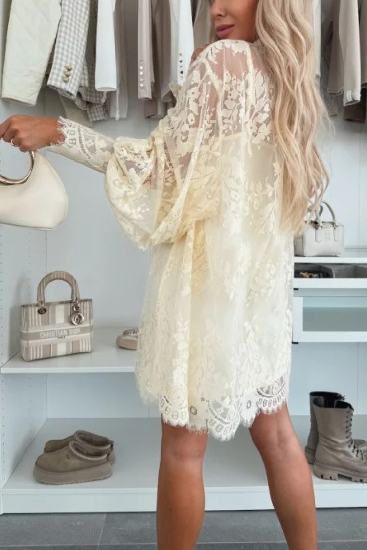 Effortless Iliana Night Rose a Line Mini Dress with Lace Bow and Long Balloon Sleeves Designer Edit