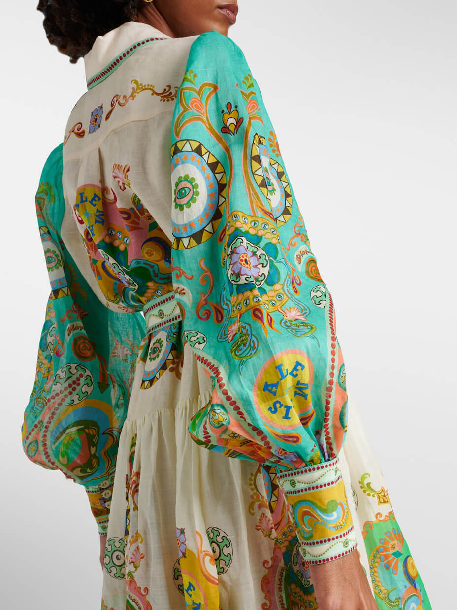 Exquisite Unique Fashion Print Puff Sleeve Tie Midi Dress