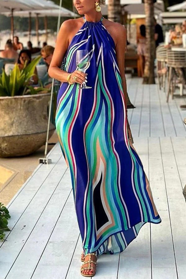 Ramona Chic Phuket Dinner Colorful Halterneck Maxi Dress with Wave Pattern and Tassels Boutique Edit