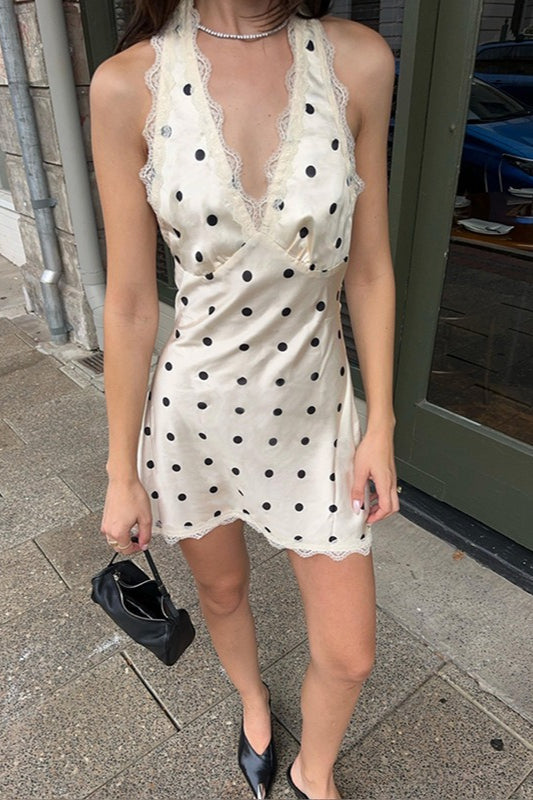 Trim Lace Polka Dot Halter Mini Dress