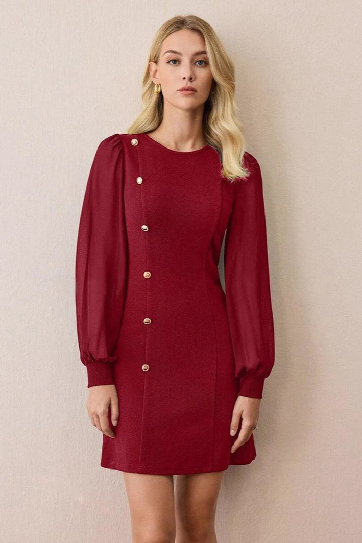 Neck Crew Button Mini Dress