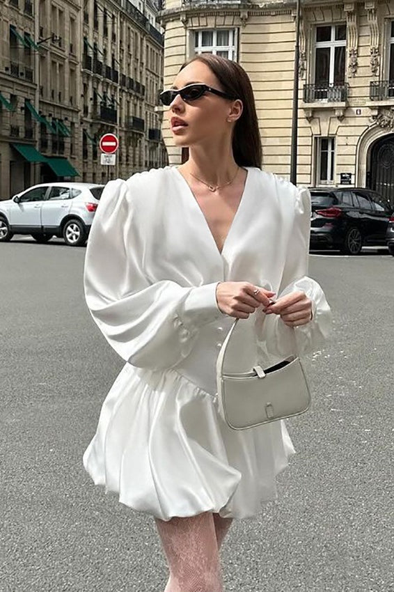 V White Neck Puff Sleeve Mini Dress