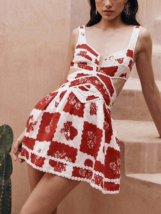 Bloom Decorative Unique Print V Neck Hollow A Line Mini Dress