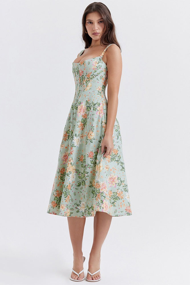 Spaghetti Strap Botanical Ruched Midi Dress