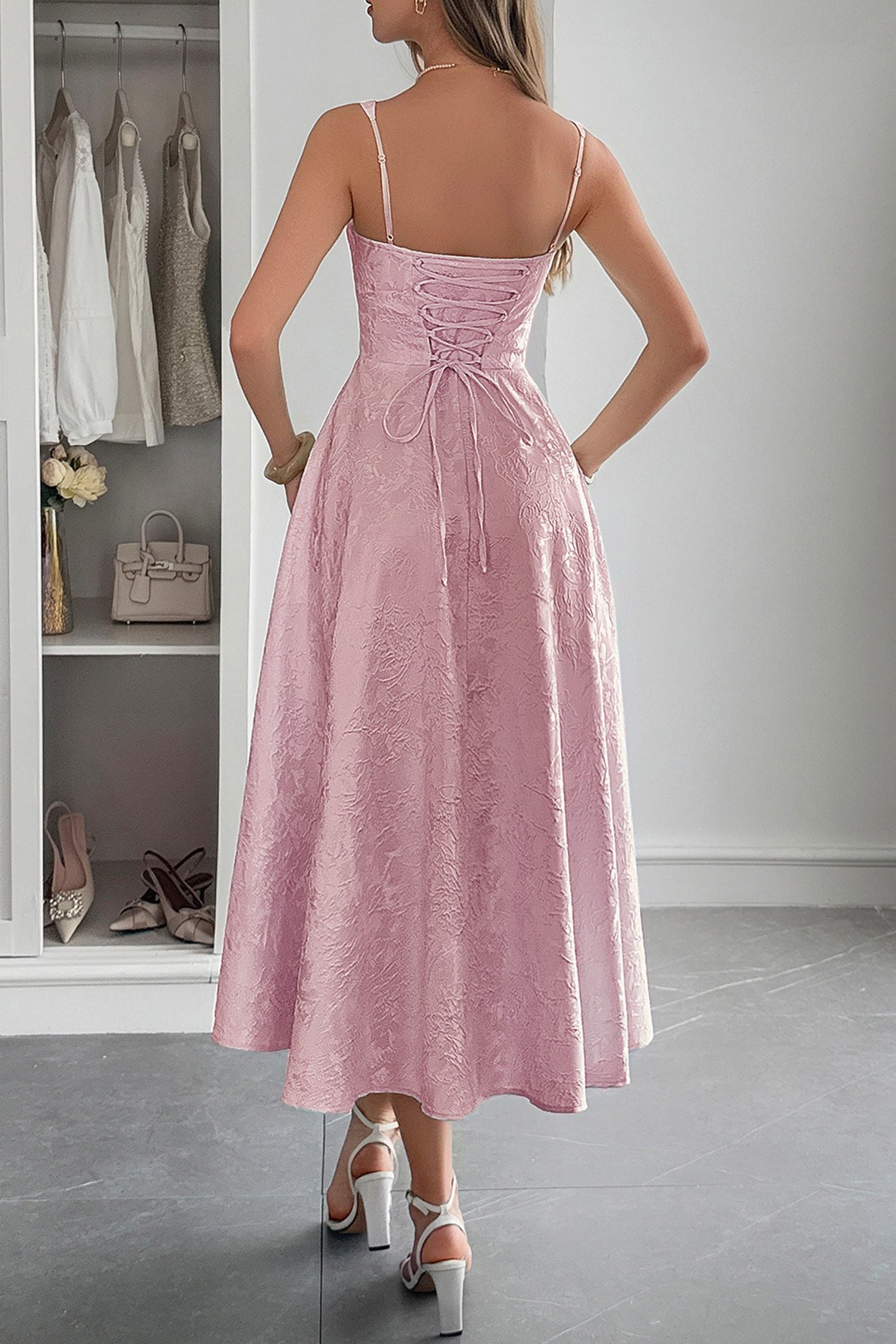 Refined Spaghetti Strap Jacquard Maxi Formal Dress