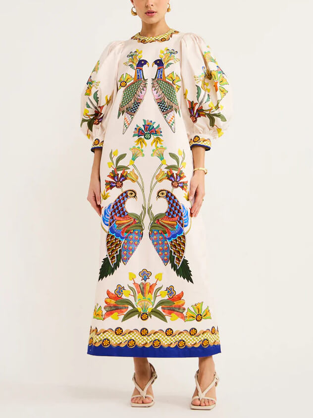 Exquisite And Fun Printed Puff Sleeves Loose Relaxed Midi Dress
