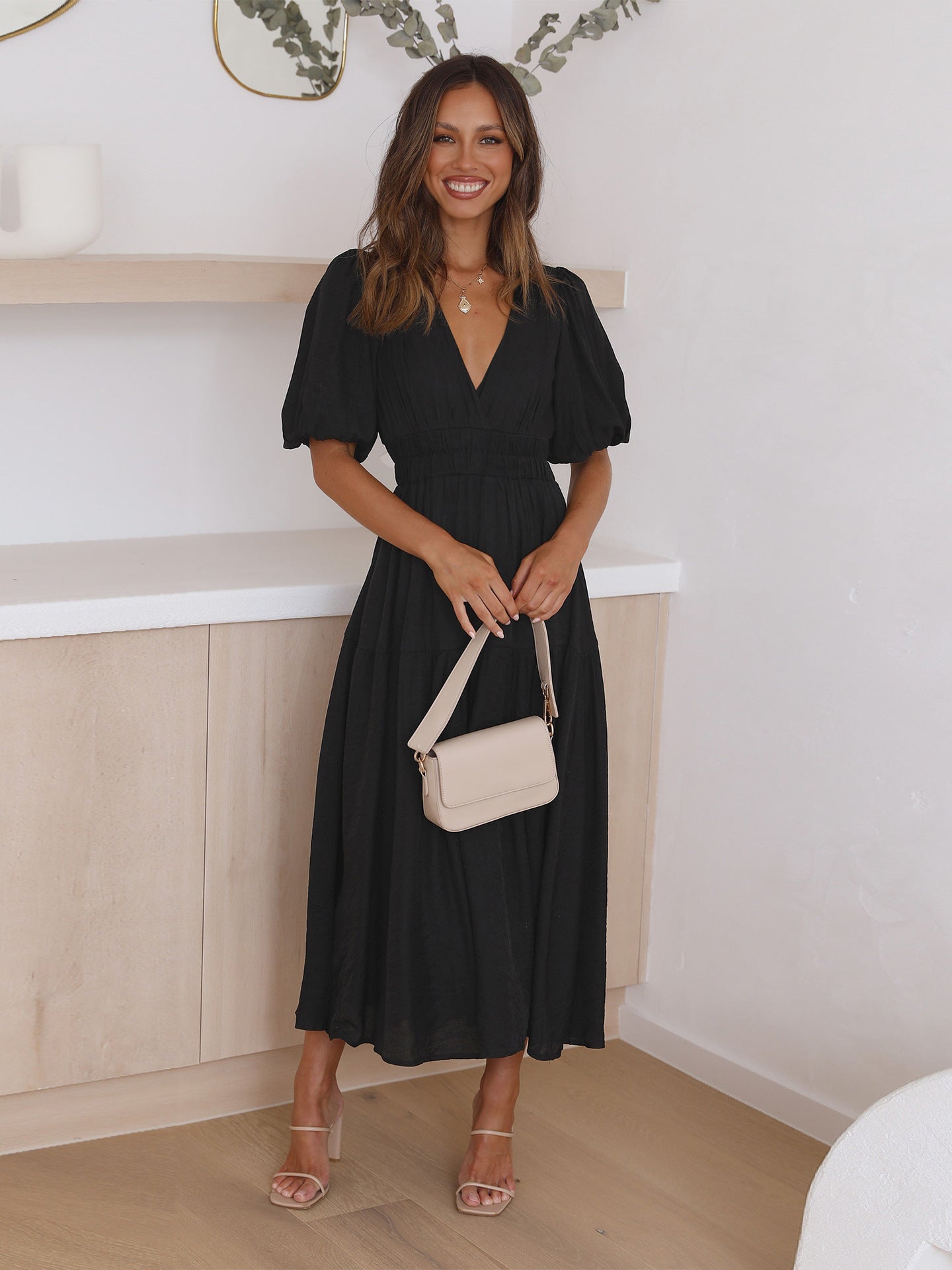 Exclusive Claudia Ruffle Midi Dress with V Neck and Puff Sleeves Premium Wardrobe Essential