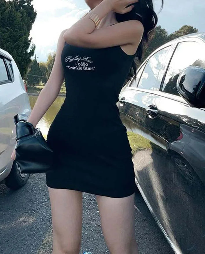 Letter Ribbed Print Bodycon Mini Dress