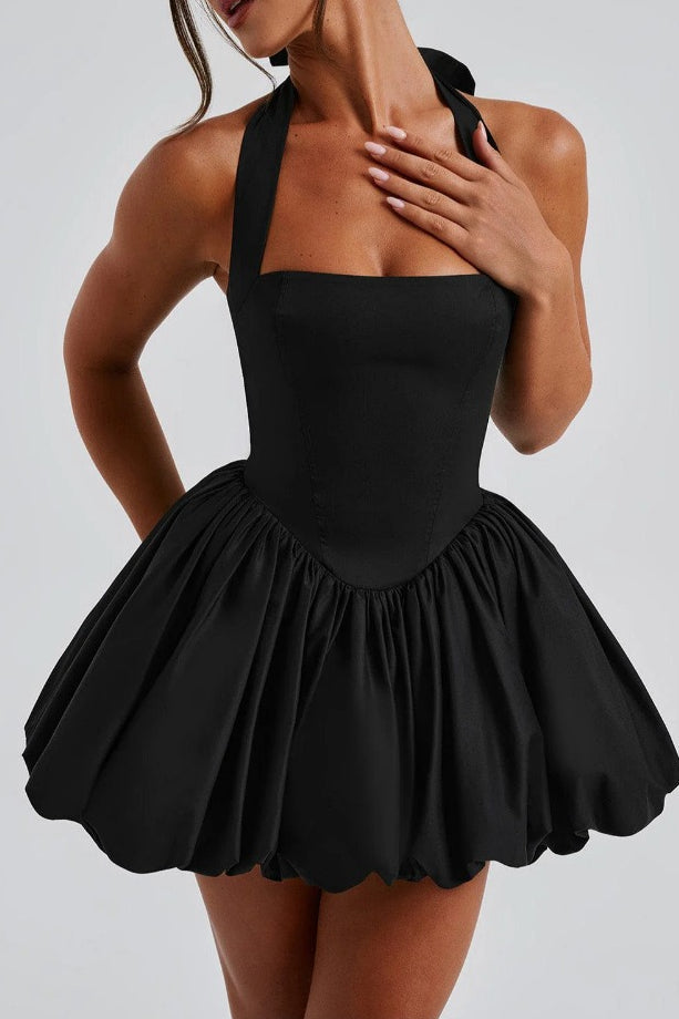 Refined Halter Tie Bow Puffy Hem Mini Dress