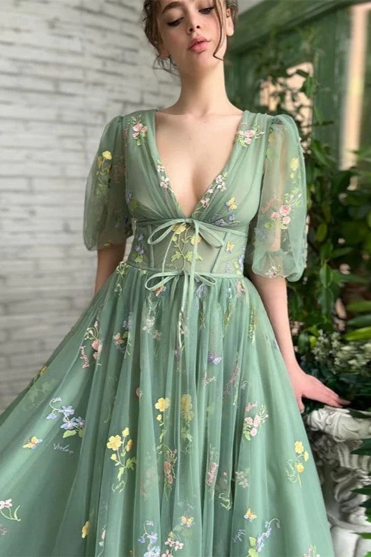 Flower Applique Ball Gown Prom Dress