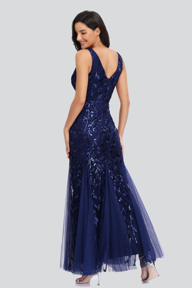 V Neck Sheer Embroidered Sequin Chic Prom Dress