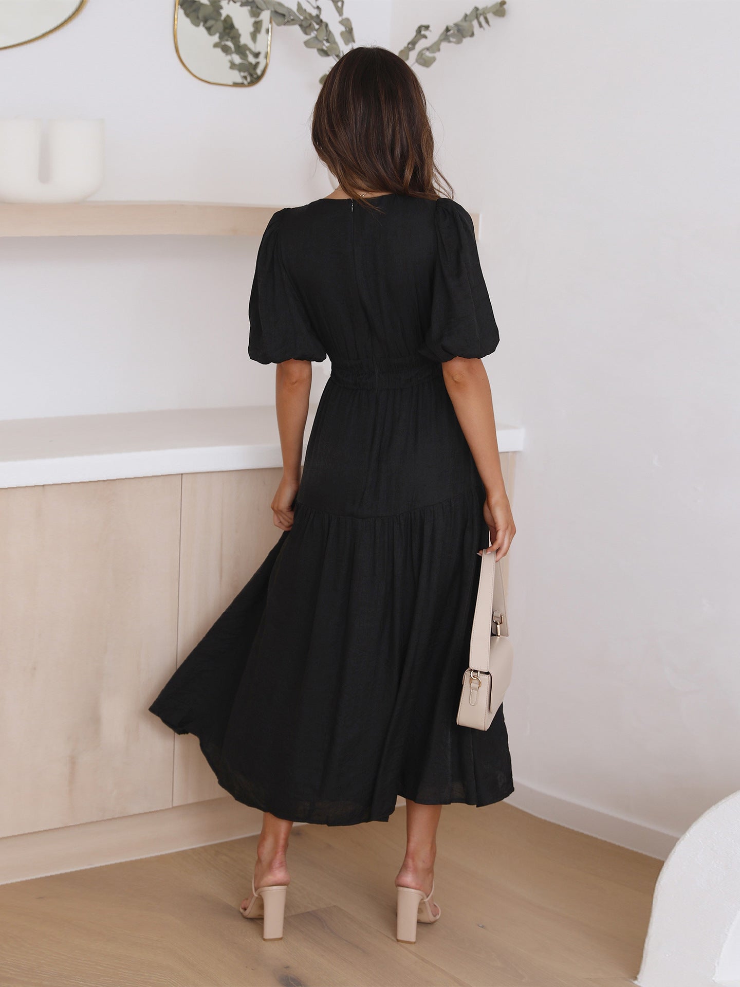 Exclusive Claudia Ruffle Midi Dress with V Neck and Puff Sleeves Premium Wardrobe Essential