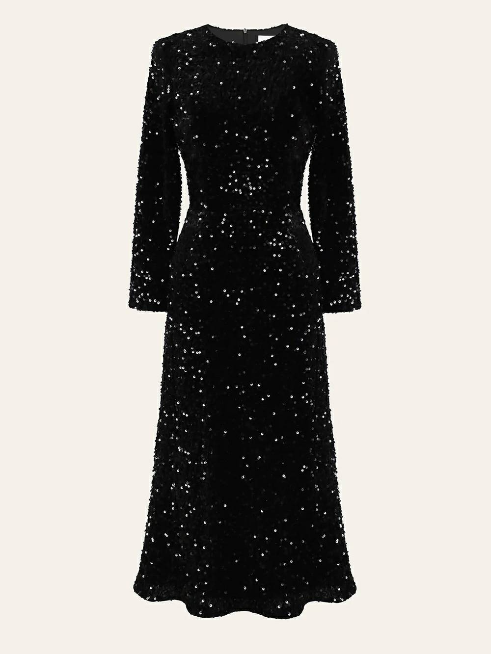 Decorated Sequin Velvet Midi Dress In Black