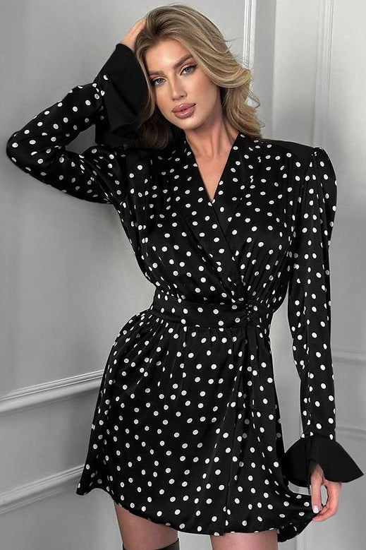 Neck V Puff Sleeve Polka Dot Mini Dress