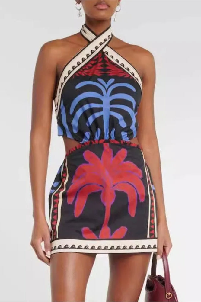 Print Bohemian Halter Neck Mini Dress