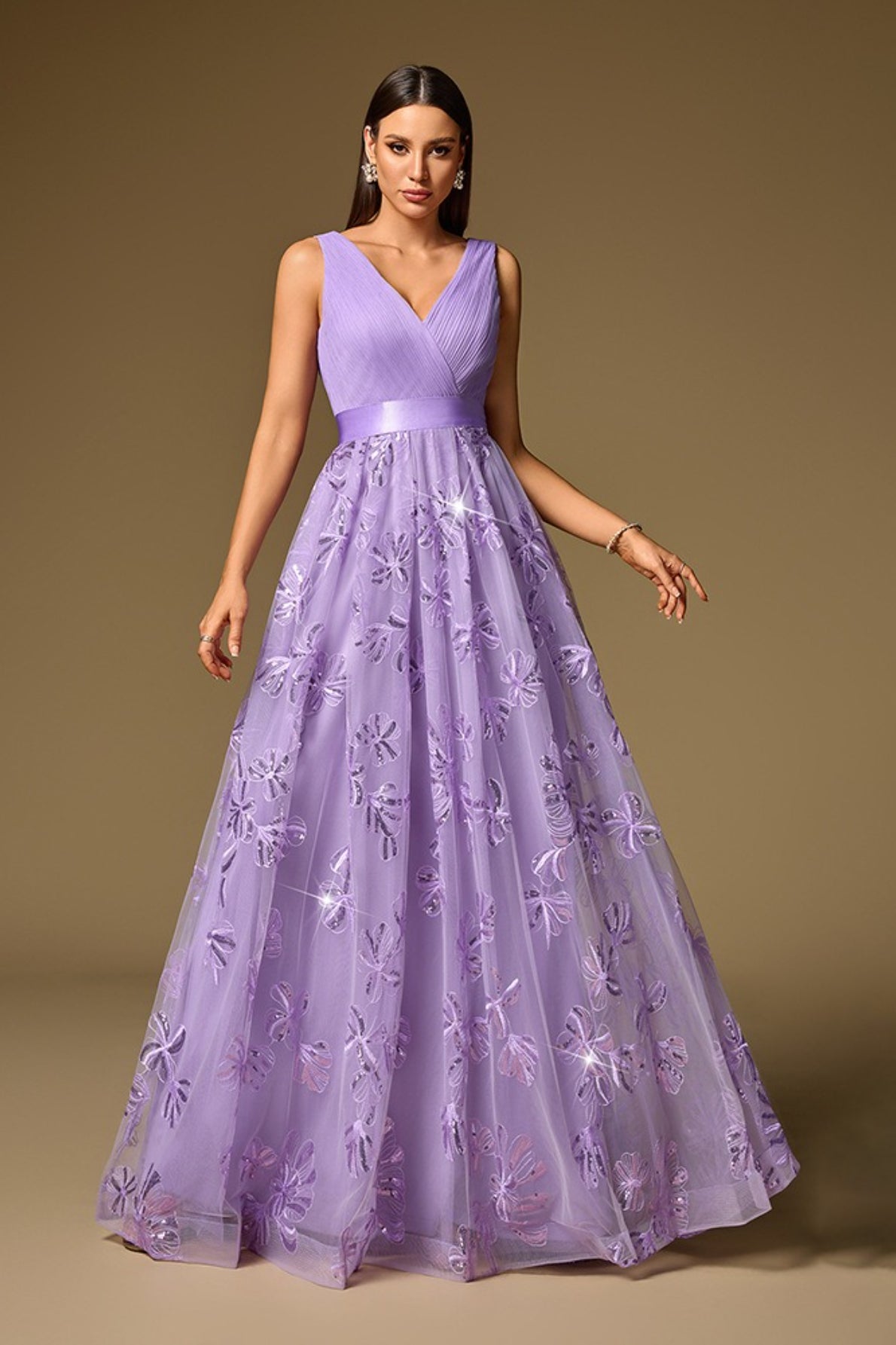 Double V Neck Short Sleeved Prom Dress
