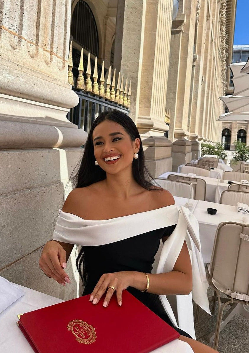One Francine Shoulder Bow Tie Slit Midi Dress