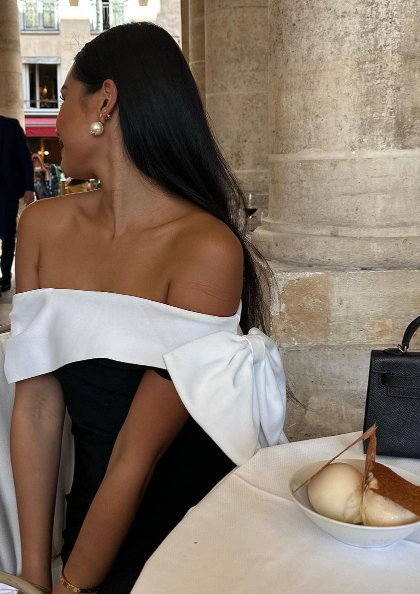 One Francine Shoulder Bow Tie Slit Midi Dress