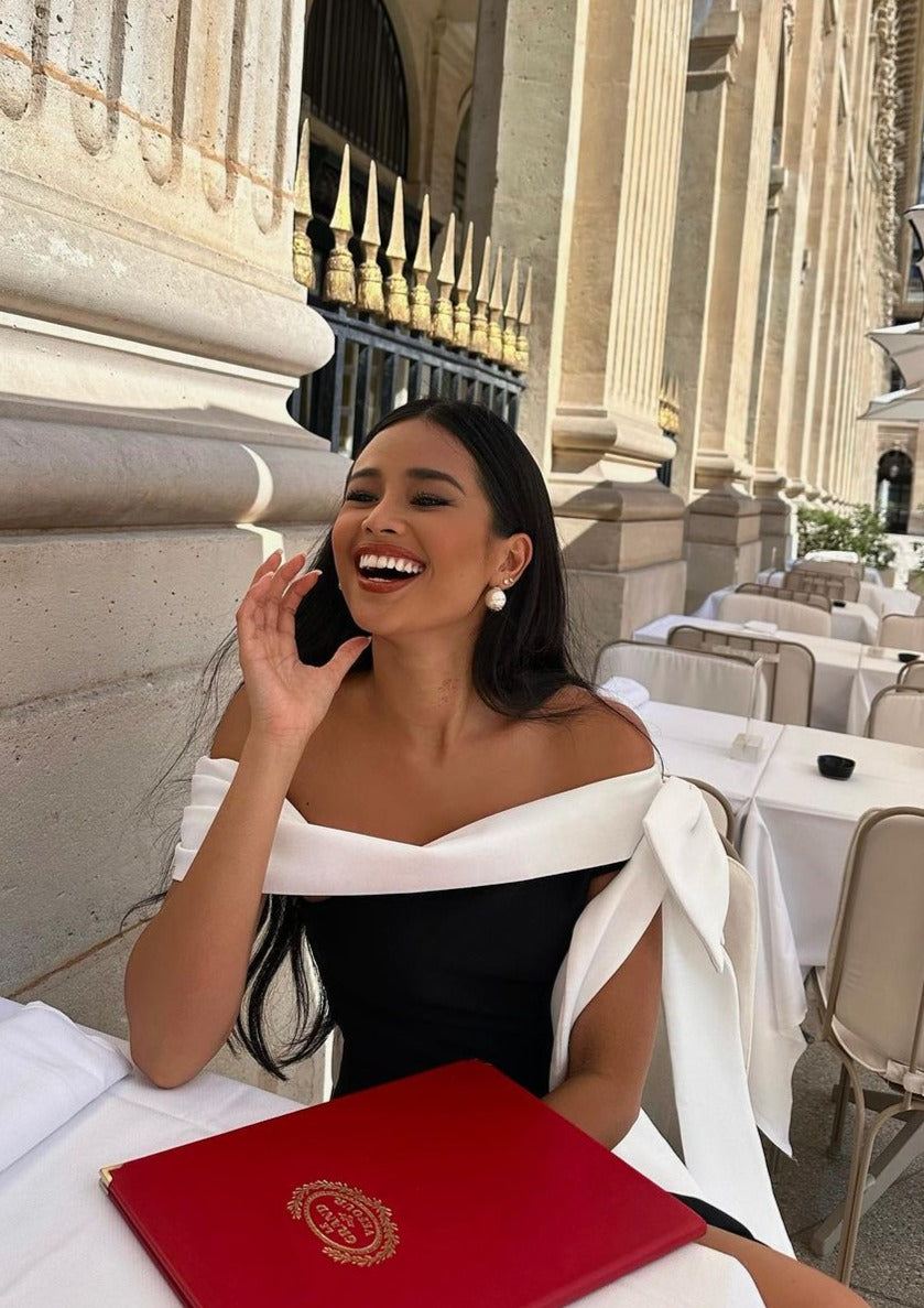 One Francine Shoulder Bow Tie Slit Midi Dress