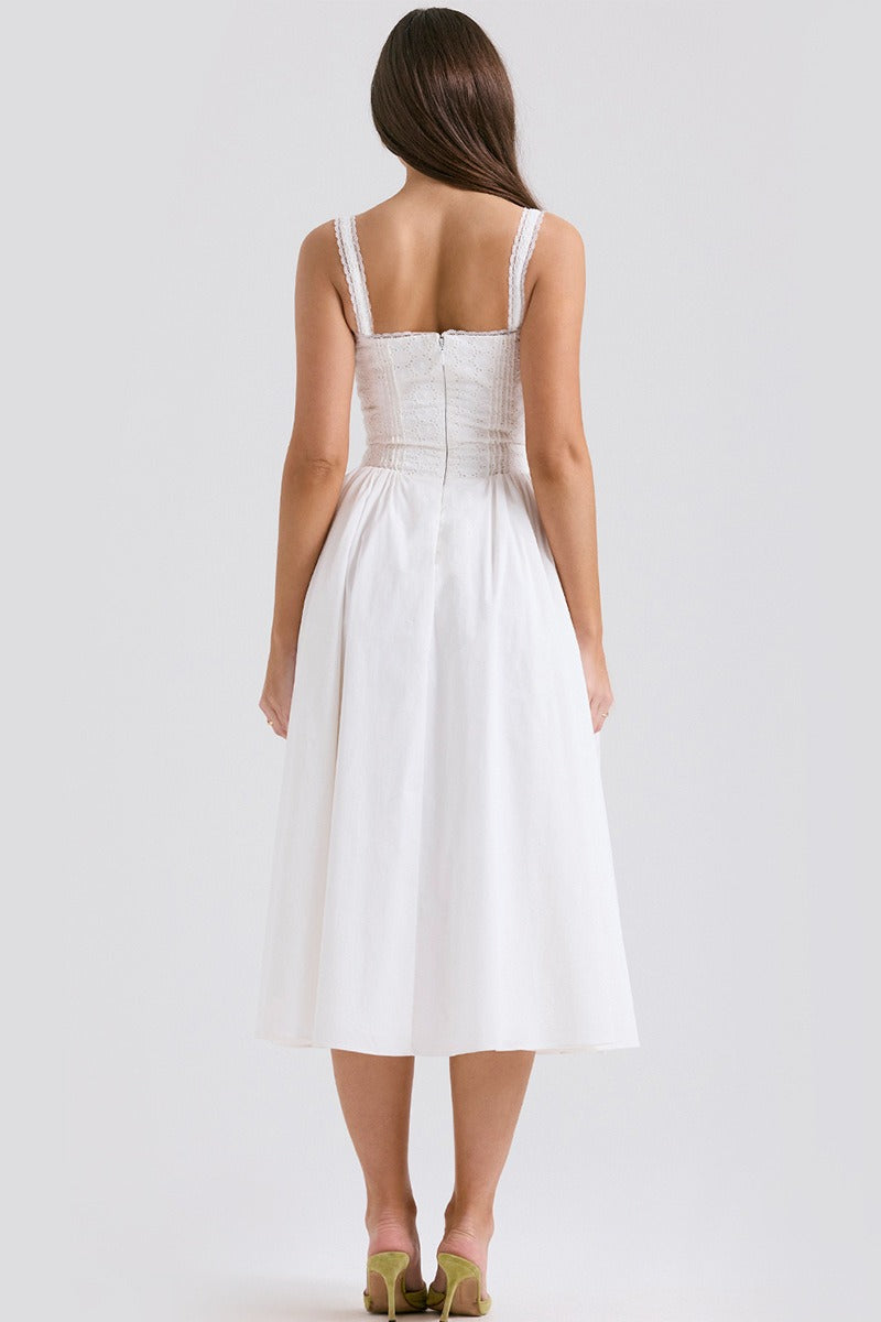 Lace White Spaghetti Strap Midi Dress
