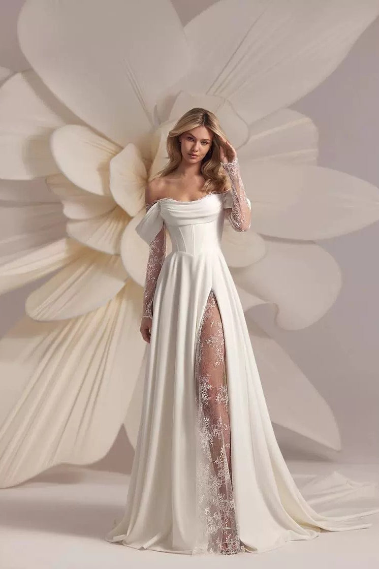 Off Shoulder Train Graceful White Wedding Dress