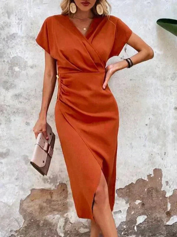 Statement Patricia Orange Midi Dress with V Neck and Slit Elevated Occasion Wear