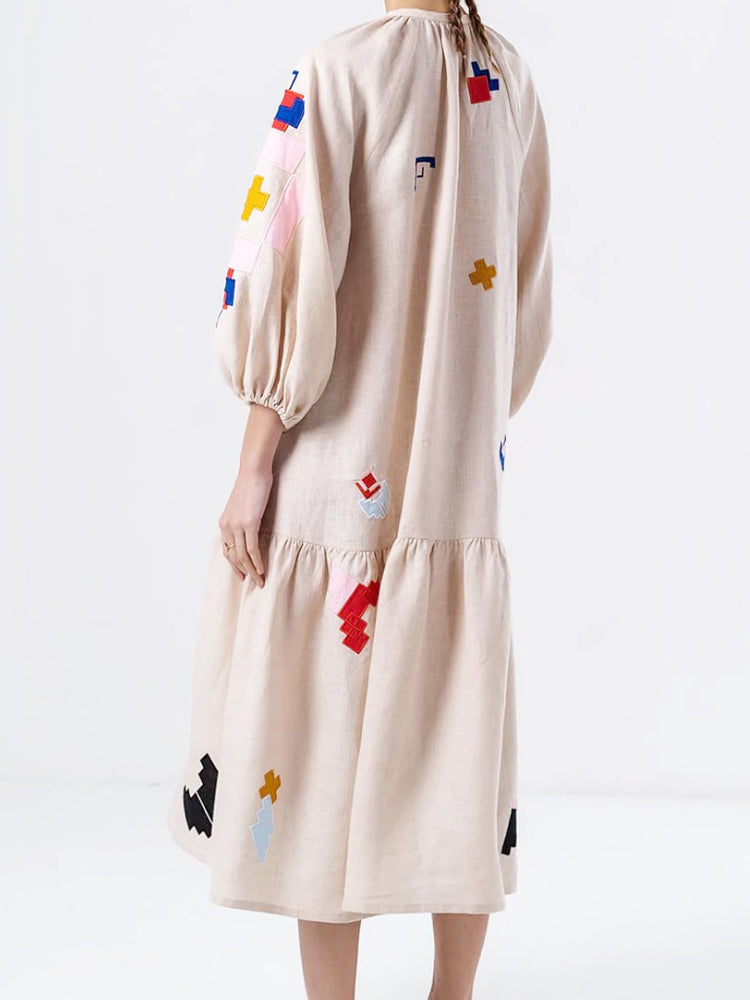 Loose Fit Printed Lantern Sleeve Relaxed Dress