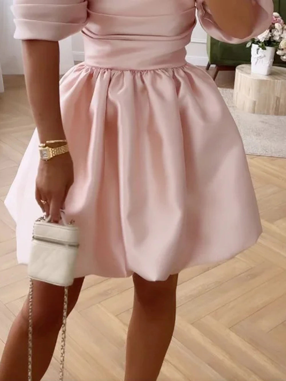Shoulder One Puff Sleeve Solid Color Dress