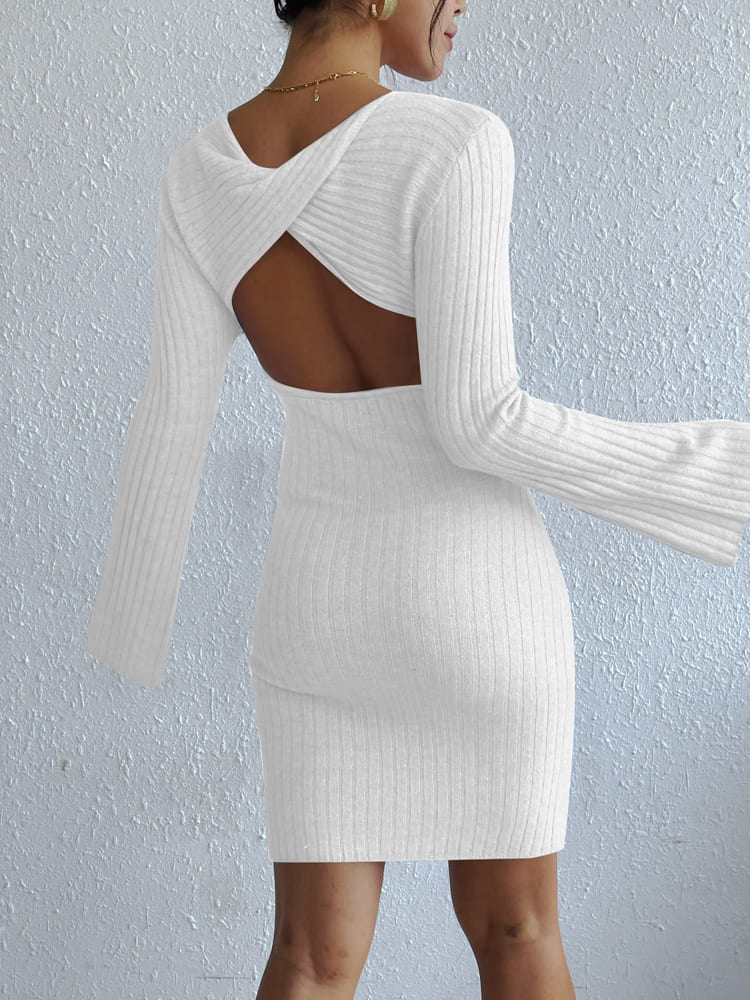 Solid Backless Knit Sweater Dress