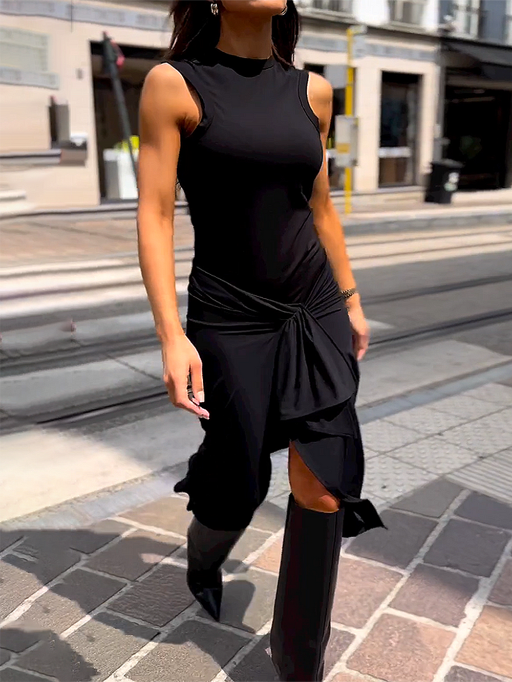 Neck Round Sleeveless Tie Solid Color Dress