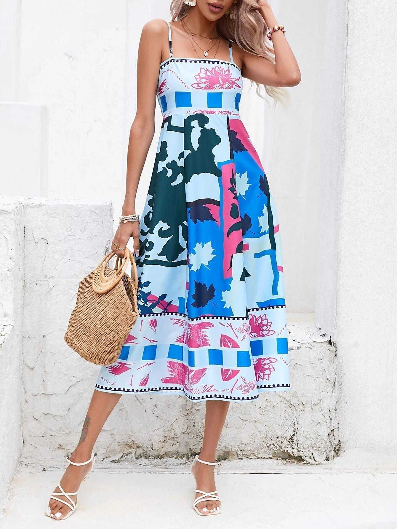 Slip Patchwork Maxi Dress: Abstract Colorful Printed