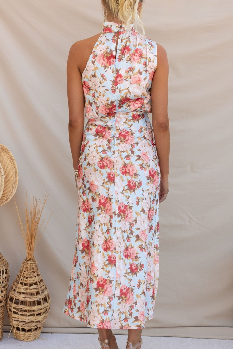 Wine Country Dates Bloom Halter Neck Elastic Waist Maxi Dress