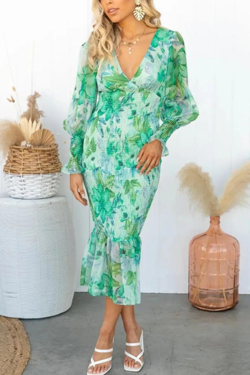 Rafaela Aesthetic Flower Print Midi Dress Elevated Occasion Wear