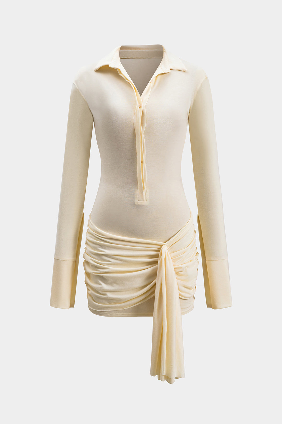 Button Ruched Strappy Long Sleeve Mini Dress